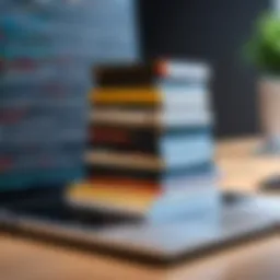 A stack of programming books with a laptop in the background.
