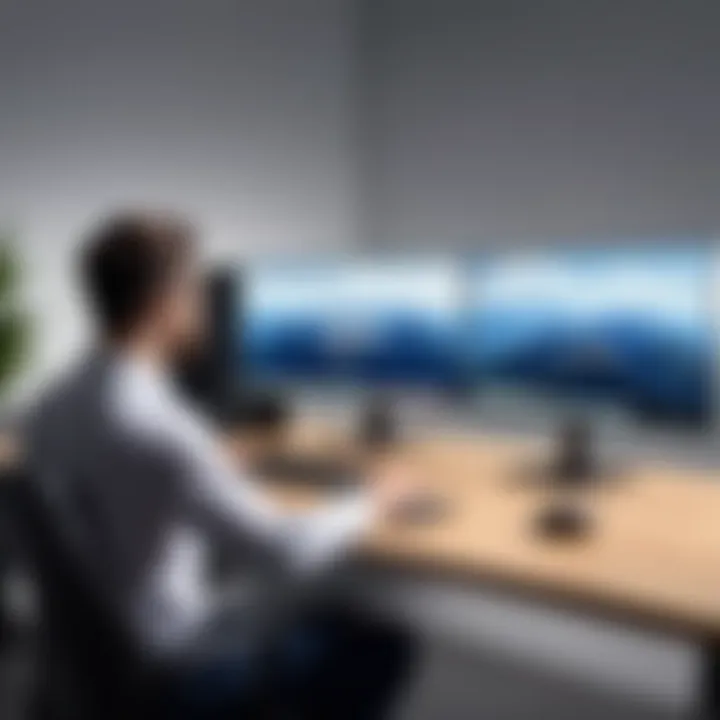 User interacting with the ASUS monitor remote in a modern workspace
