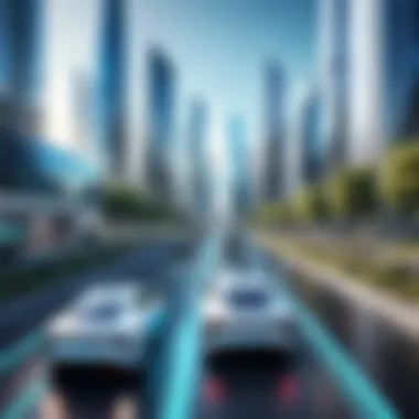 Futuristic Integration of Autonomous Vehicles A futuristic city landscape integrating autonomous vehicles.