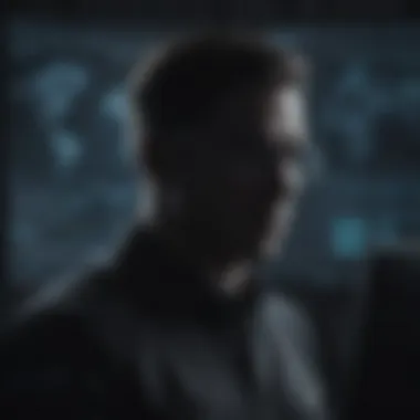 Secretive Operative in Cybersecurity Silhouette of a spy in a darkened room with a computer screen illuminating their face