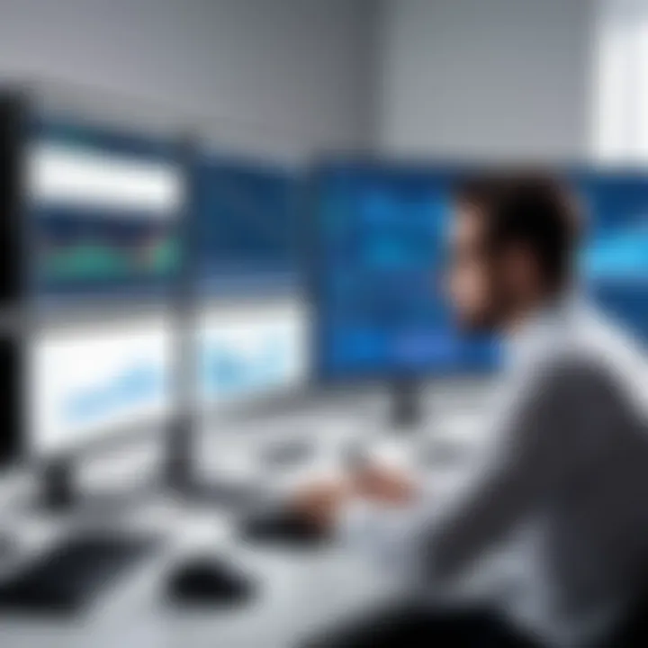A professional examining data on multiple monitors