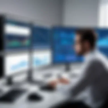 Data Analysis in Action A professional examining data on multiple monitors