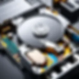 Close-up view of a hard drive showcasing its internal components