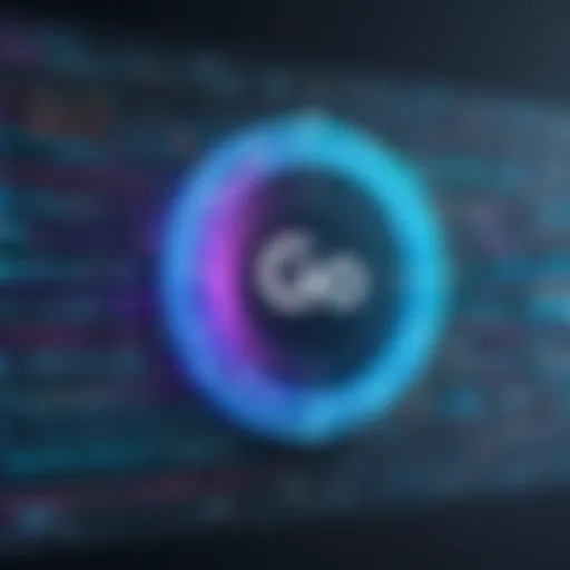 Conceptual illustration of Go programming language with symbols and code snippets