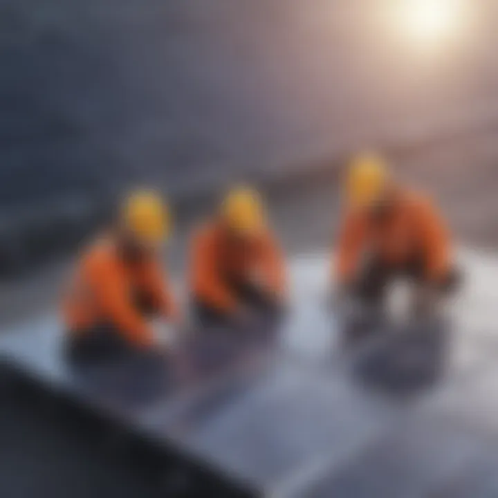 Solar power installation process with workers in hard hats