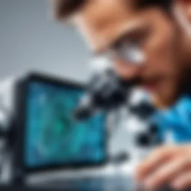 A close-up of a researcher conducting observations under a microscope.