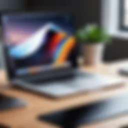 A sleek MacBook propped up on an elegant desk, showcasing its high-resolution display.