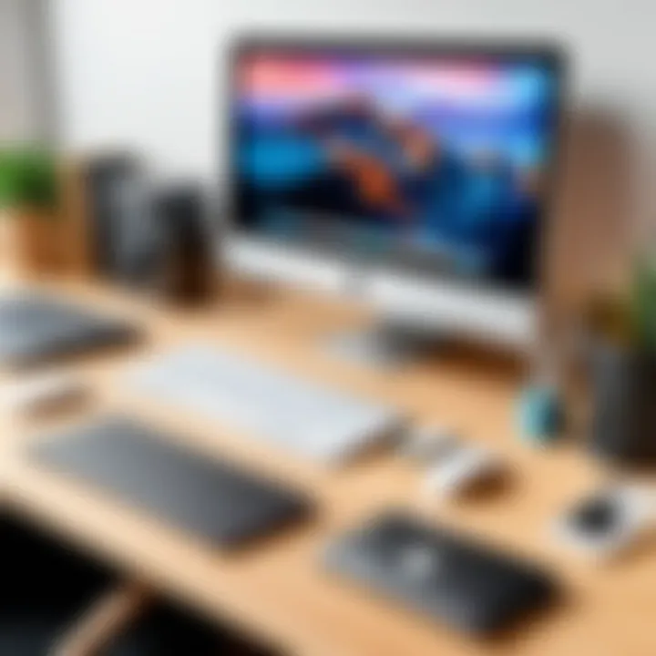 A professional workspace featuring a Mac setup, organized with essential tools and accessories.