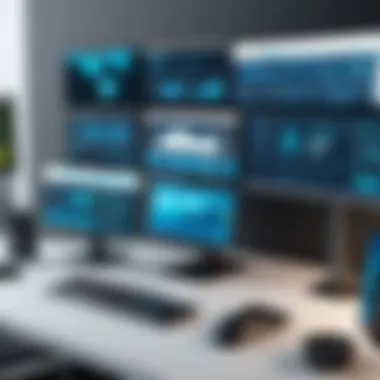 Extended Workspace with Multiple Monitors Laptop connected to multiple monitors showcasing an extended workspace