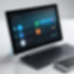 A sleek computer-tablet hybrid device on a minimalist desk setup.