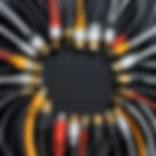 A close-up view of various TV connection cables including HDMI, coaxial, and optical.