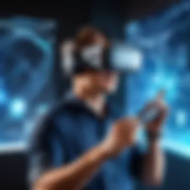 User Engaging in Virtual Reality An immersive virtual reality experience depicted through a user interacting with a 3D environment.